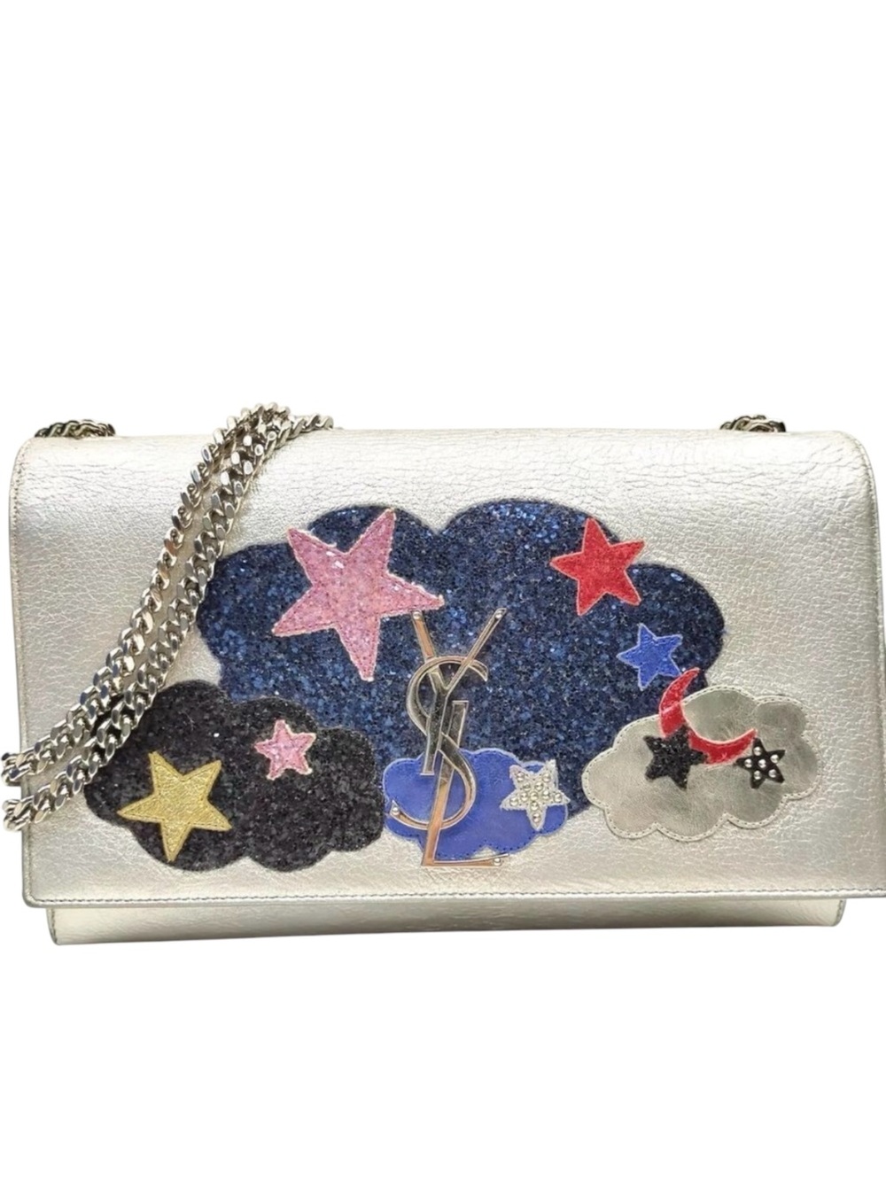 Ltd Edition Saint Laurent Silver Stars Sky YSL Kate Monogram Clutch Bag Medium